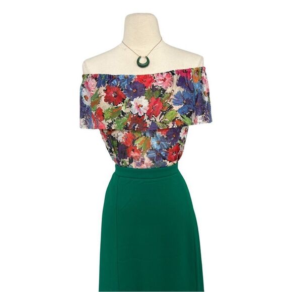 Vibrant Vintage 70s Flower Power Ruffle Could Shoulder Flouncy Floral Print Top - Picture 3 of 10